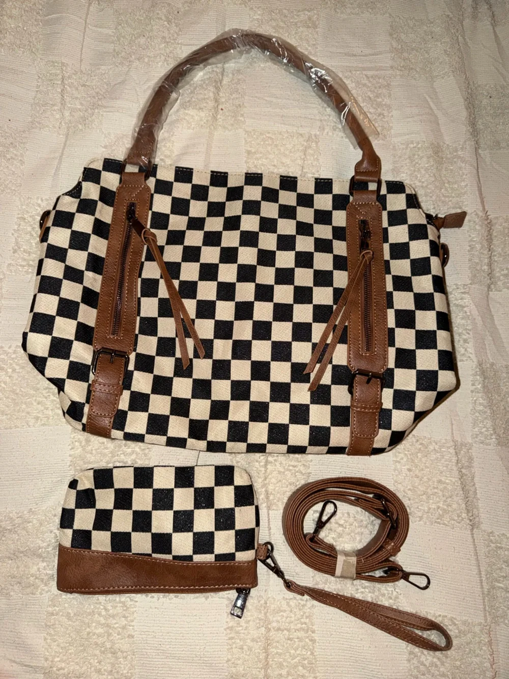 Checkerboard Crossbody Bag with Matching Pouch